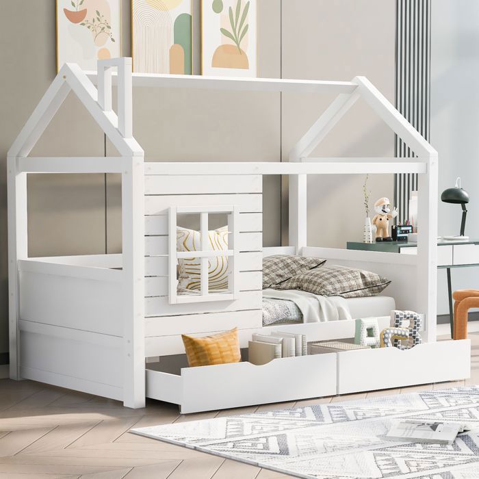 Canapé-lit Merax Bois Massif - 140x200cm + Lit Extensible 90x190cm - Rangement Intégré - Blanc
