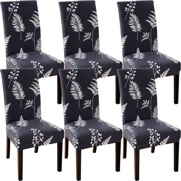 6Pcs Housses de Chaise de Salle à Manger Extensible Universelle Polyester et Elasthanne Feuille Noir Blanc