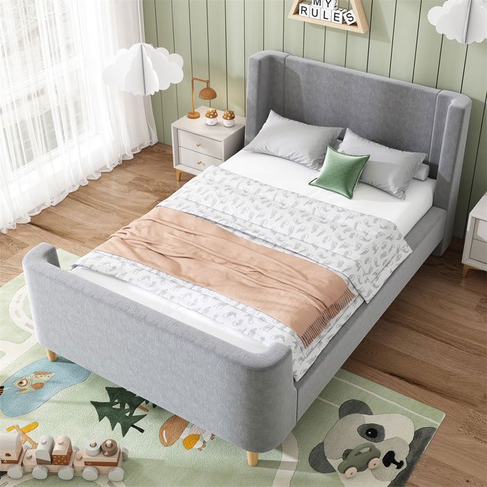 Lit enfant - Traîneau motif cosmique - Velours gris - 90x200 cm - Sommier à lattes inclus