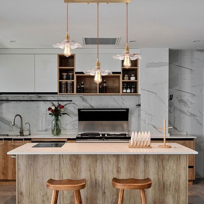 Lustre suspension - 3 lampes - Abat-jour verre transparent lotus - Style nordique industriel - Culot E27