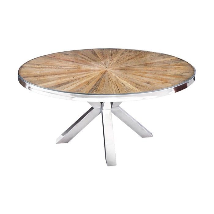 Table RAFTA – Bois de teck et verre trempé – Pied chromé – 140 cm – Ronde – Style contemporain