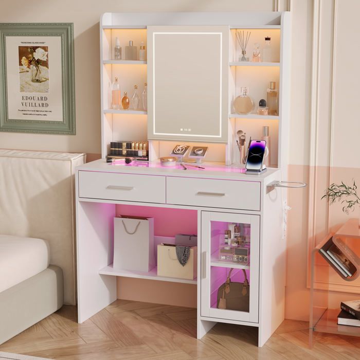 Coiffeuse Avec Miroir LED 3 Couleurs Et Tiroirs - 80 Cm - Plateau En Verre - Blanc - Pour Chambre