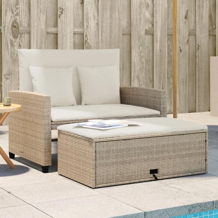 Canapé de jardin 2 places en résine tressée - vidaXL - Beige - 115x75x91 cm - Convertible en lit - Résistance aux UV