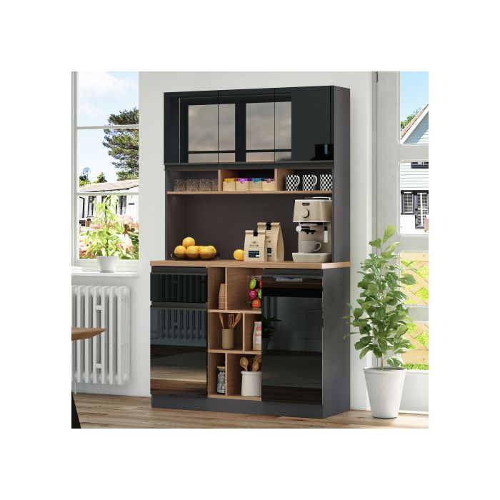 Buffet cuisine haut salle a manger -Meuble vaisselier en bois-Style Contemporain-Armoire brillant noir-Dimensions:105×45×185 cm