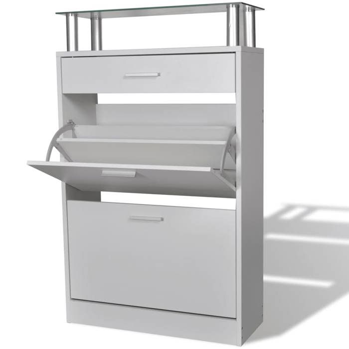 SALE 2026 Meuble à chaussures Blanc - Meuble à chaussures avec tiroir et plateau en verre Bois Blanc PRO544087243