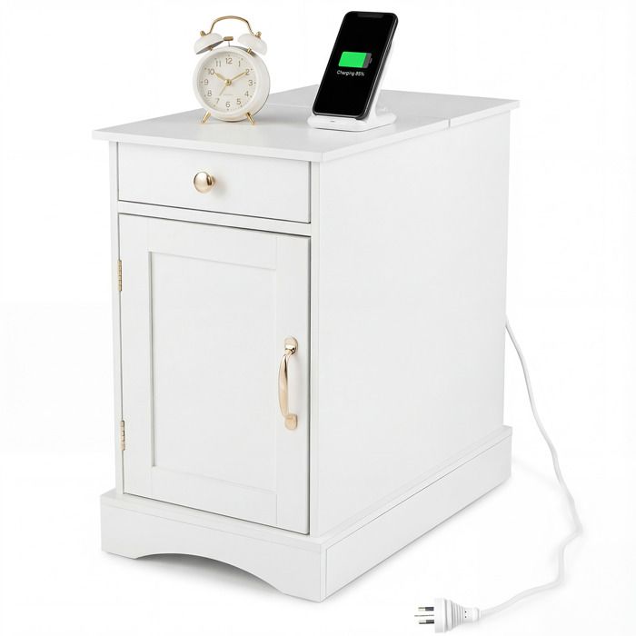 COSTWAY Table de Chevet avec Prises Intégrées Porte Placard à Étagere Réglable Tiroir 60 x 35 x 62 CM Blanc COSTWAY Table de Chevet avec Prises Intégrées Porte Placard à Étagere Réglable Tiroir 60 x 35 x 62 CM Blanc
