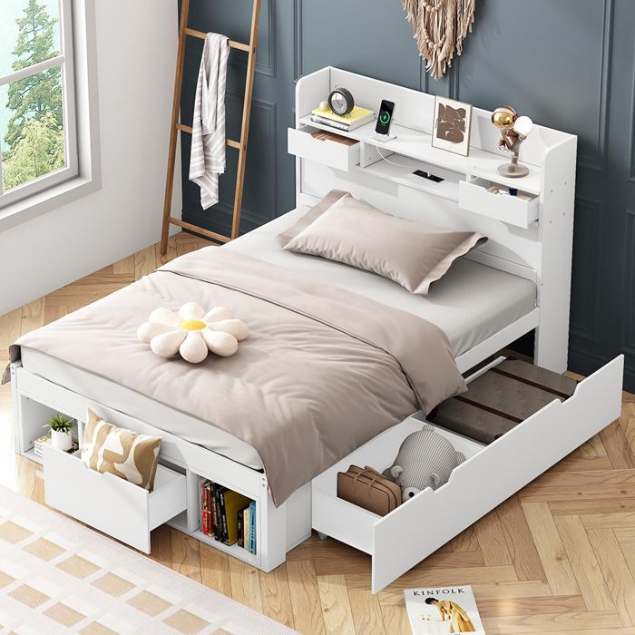 Lit simple 90x190 cm USB tiroir lit enfant adolescent multifonctionnel grand rangement blanc sans matelas