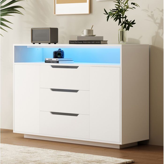 Buffet de cuisine 120x40x85 cm avec étagère ouverte. 3 tiroirs et portes. éclairage LED. bois d’ingénierie blanc