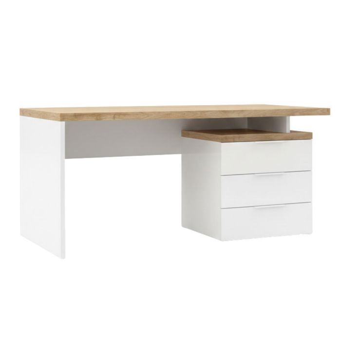 Bureau 160cm avec rangements blanc laqué brillant plateau aspect bois finition Cadiz - GENIUS Bureau 160cm avec rangements blanc laqué brillant plateau aspect bois finition Cadiz - GENIUS