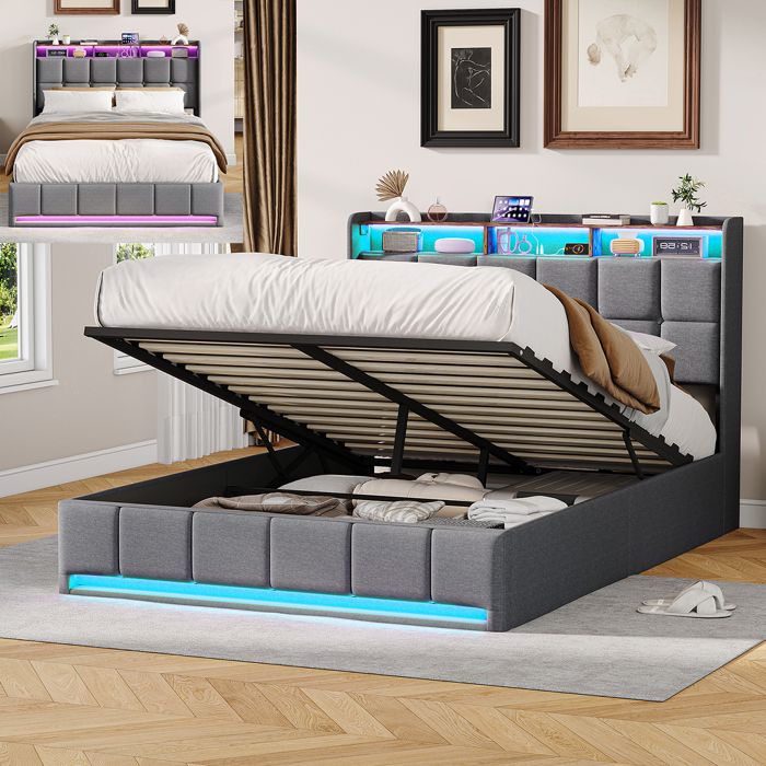 Lit Coffre 140x200cm Lit Double avec LED et Ports USB Cadre de lit avec Tête de Lit capitonné et Rangement Lattes en Bois Lin Gris