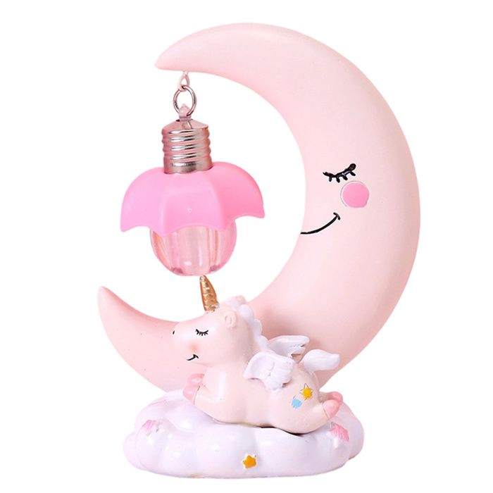 LED Veilleuse résine Lune Licorne Dessin Animé Bébé Lampe de chevet Enfants Enfant Fille Jouet Cadeau De Noël（Rose）