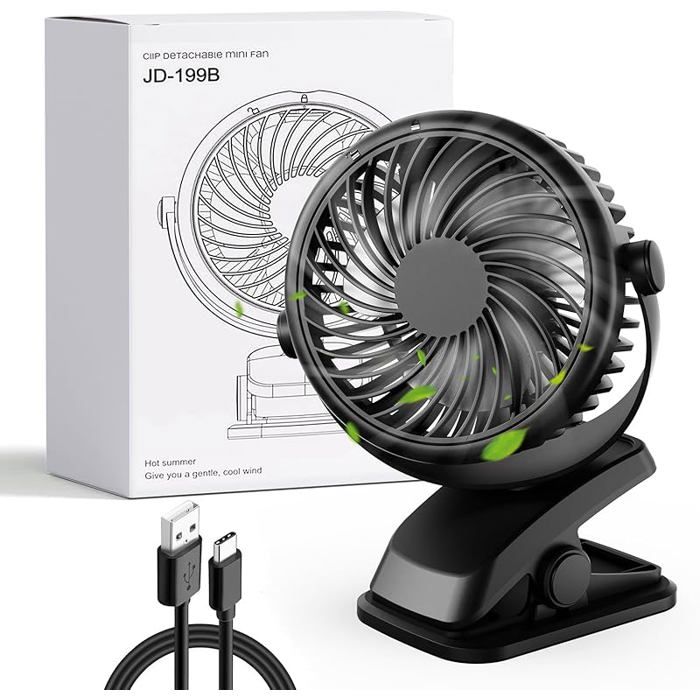 Mini Ventilateu Pince Silencieux USB C Ventilateur Portable Petit Ventilateur Bureau 3 Vitesses Rechargeable Batterie Noir