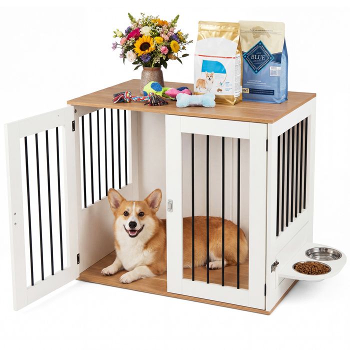 Cage pour Chien COSTWAY Portes à Verrous Loquets Distributeur Rotatif 360° Gamelles Caisse en Métal pour Petits Moyens Chiots