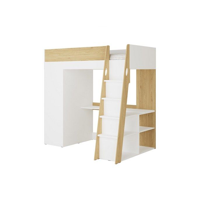 Lit mezzanine 90 x 190 cm avec armoire et bureau – Coloris : Naturel et blanc - ARMONESA
