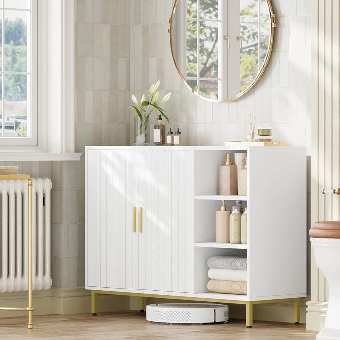 Salle de Bain Buffet Meuble Rangement Salle de Bain Indépendante à Deux Portes Étagères Réglables Blanc et Doré