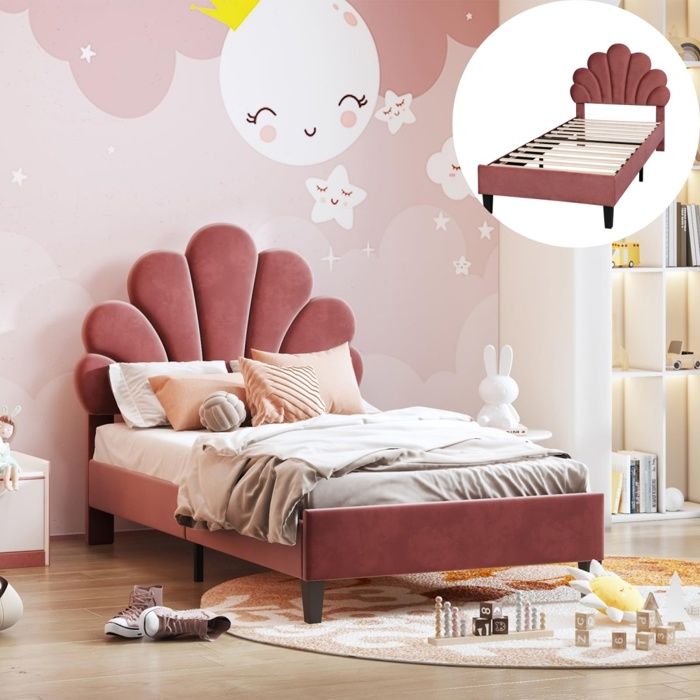 Lit enfant 90x200 cm avec sommier à lattes - Lit fille Rembourré avec tête de lit réglable en forme de fleur - Rouge Velours