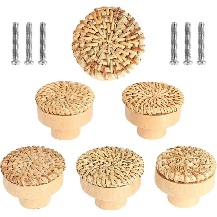Boutons de meuble en rotin - OKZ® - Lot de 6 pièces - Bois massif et rotin tressé - Dimensions 40x30 mm - Vis incluses