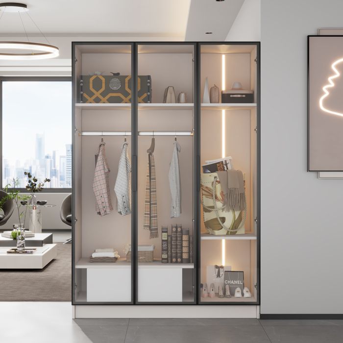 Armoire blanche spacieuse - 3 portes en verre - 1 tiroir - Tringle à vêtements - Éclairage LED intégré