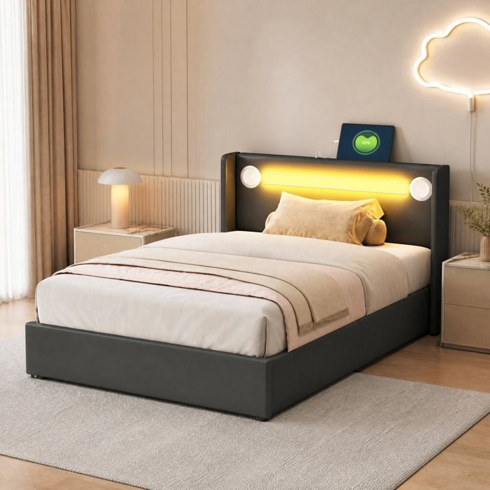 Lit enfant 90×200 avec coffre hydraulique tête de lit LED Bluetooth et USB - TCQPZ - Simili cuir PU noir - 90×200 cm