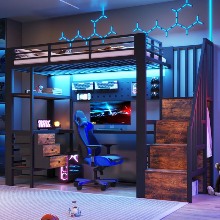 HOMVRA Lit mezzanine 90x200 cm - Lit simple avec bureau 3 tiroirs et rangements - Métal noir (sans matelas)