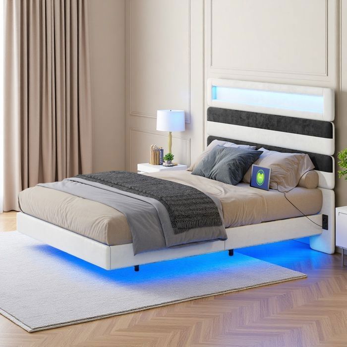 Structure de lit - Lit 140x190 cm - LED - USB - lit double - lit adulte - lit flottant - cadre de lit 140x190 -sommier-velours beige
