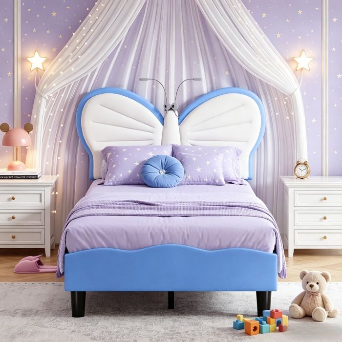 Lit enfant 90x200 cmlit rembourréLED réglablestête papillon réglablelit princesselit adolescentsommier lattesPUbleu