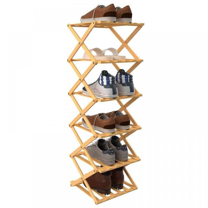 LVHCMFOHM Porte-Chaussures en Bambou 6 Niveaux - Étagère à Chaussures Pliable - 25x25x105cm - Couleur bois