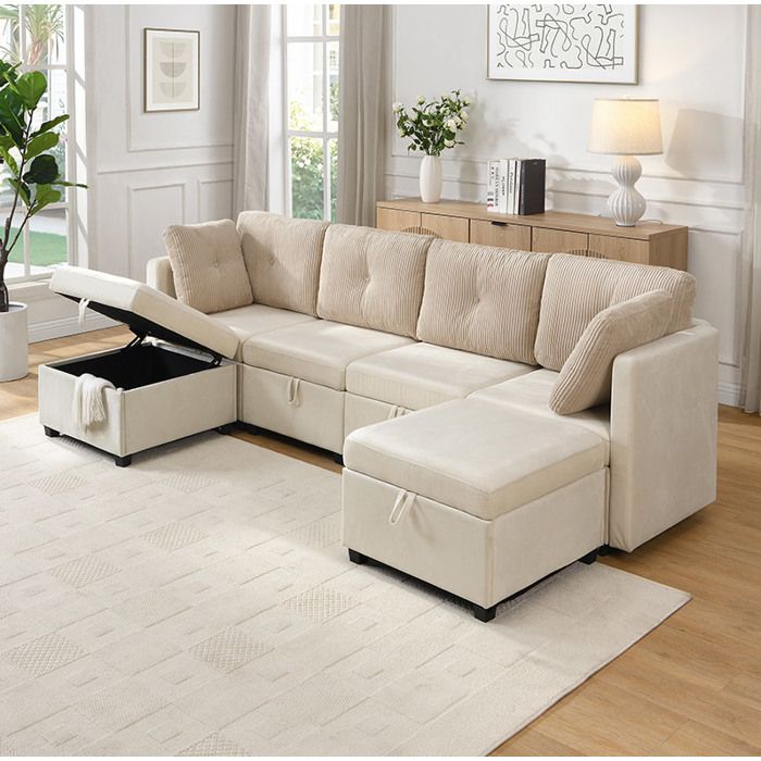 Salon d’angle convertible 6 modules sofa en L lit ou fauteuil design contrasté velours et cordon