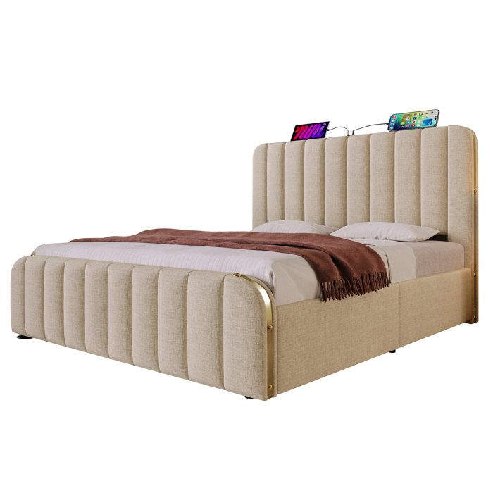 Lit double 140x190 cm lin beige tête capitonnée à détails dorés USB Type-C coffre hydraulique 181 kg sans matelas