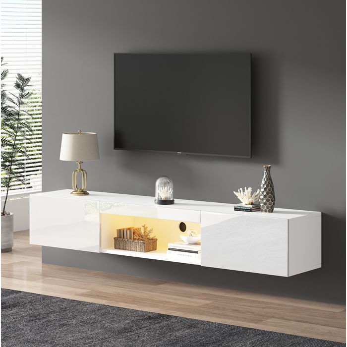 Meuble TV mural blanc brillant avec LED intégrée niche ouverte 2 portes passe-câbles 160 x 31 x 22 cm ORVRYN