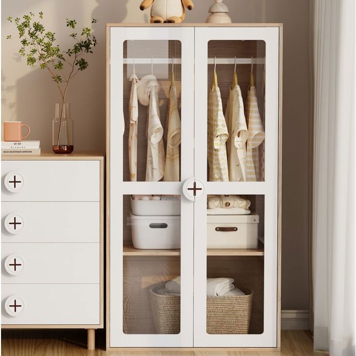 WUVRIE Armoire enfant 2 portes 80 x 50 x 150 cm avec tringle métallique étagères réglables blanc et naturel