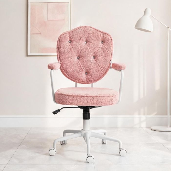 Fauteuil de bureau rose en tissu teddy boutonné hauteur réglable pour bureau à domicile