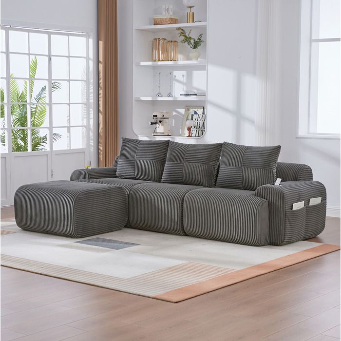 Canapé modulable 3 places avec pouf velours côtelé gris foncé porte-gobelet et poche de rangement