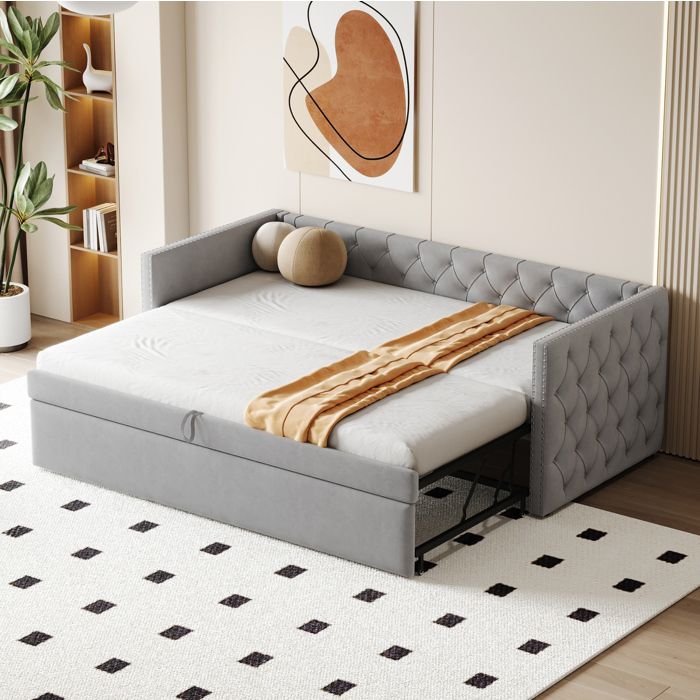 DESVIAE Canapé-lit gigogne 90 x 200 cm en velours gris clair sommier à lattes inclus