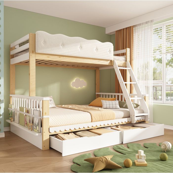 WOVREO Lit superposé familial 90x200/140x200 cm en bois blanc et chêne 2 tiroirs porte-revues