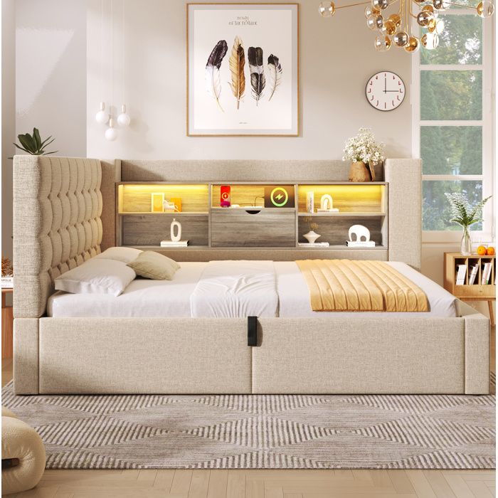 COVREO Lit double 140x190 cm avec LED USB coffre hydraulique et tête de lit en L avec rangement beige