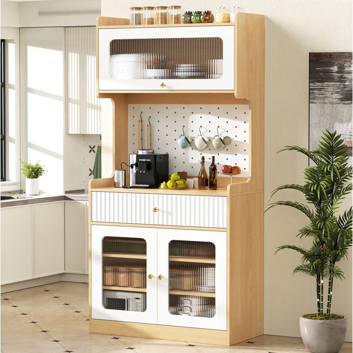 MEULVA Buffet de cuisine 80 x 40 x 180 cm avec LED étagères réglables 1 tiroir 3 portes naturel et blanc