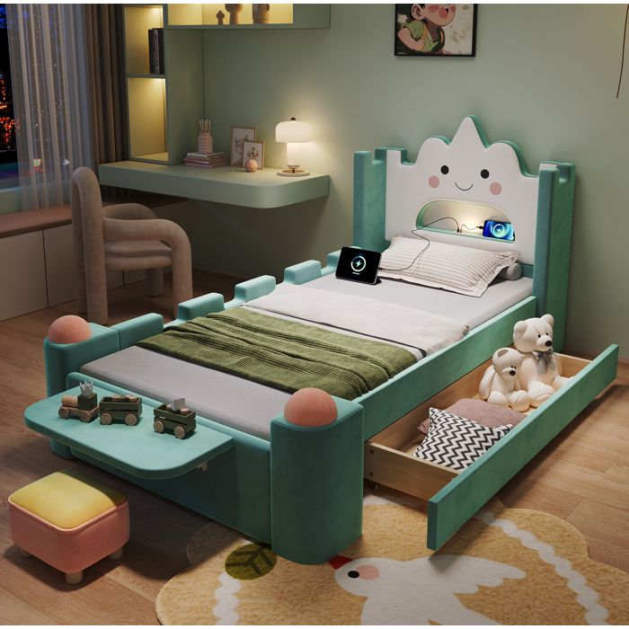 MEUBLIV Lit enfant rembourré 90x200 cm tête de lit nuage LED USB tiroir velours bleu-vert