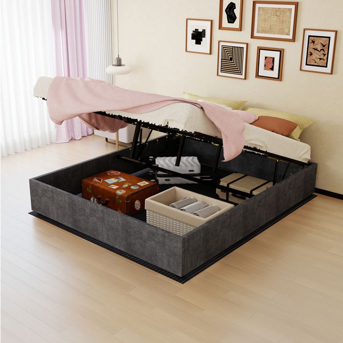 Lit adulte sommier coffre 160 x 200 cm gris à lattes avec vérins à gaz structure tissu et métal sans tête ORVRYN