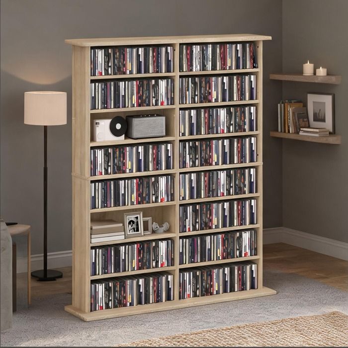 Meuble de rangement média 16 compartiments en panneau de particules finition bois naturel – Capacité jusquà 720 CD ou 396