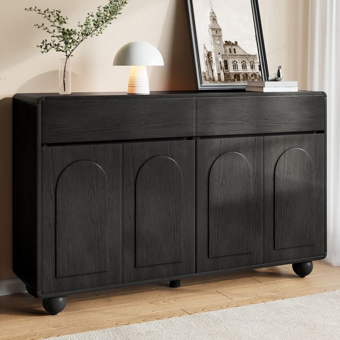Buffet Bahut Noir 140x38x89 cm LEMLIT Meuble de Rangement avec 4 Portes Cintrées 2 Tiroirs Étagères Réglables Salon MDF - Noir