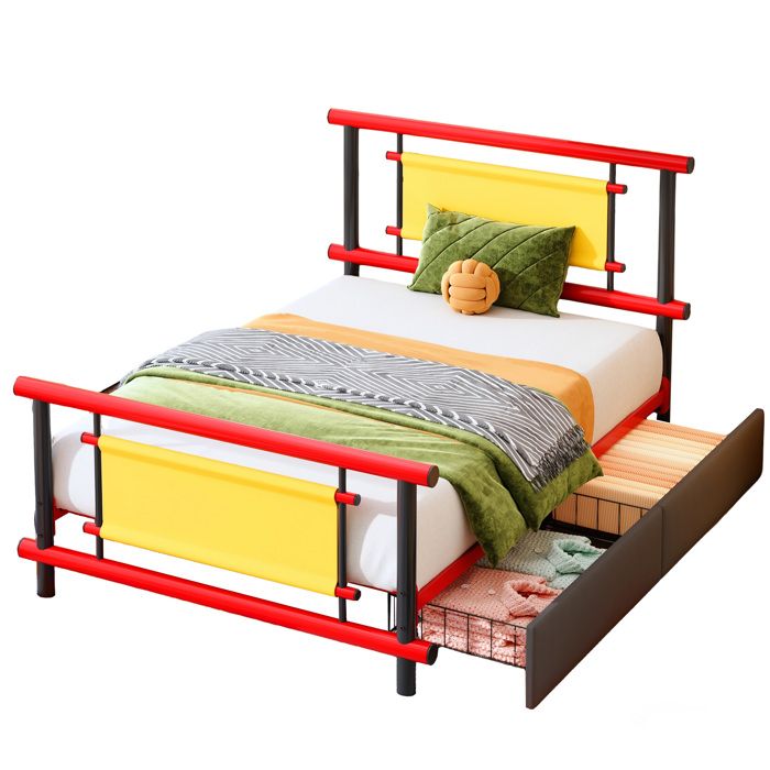 Lit enfant en métal 90 x 200 cm avec tiroirs structure en acier renforcé sommier à lattes rouge et jaune