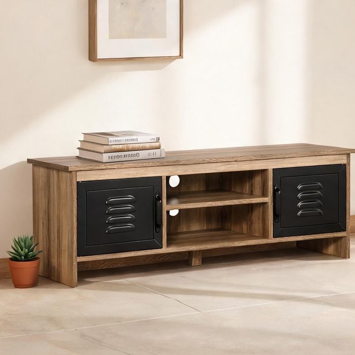 Meuble TV 110 cm industriel brun clair et noir 2 portes métal 2 niches passe-fils - Brun clair Noir Panneau de particules classe