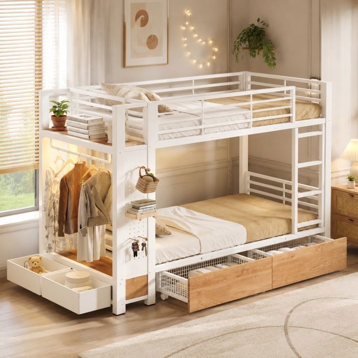 Lit superposé - ZEMINPEOEL - 90x200 cm métal/MDF blanc LED tiroirs étagères penderie EN 747 sans matelas