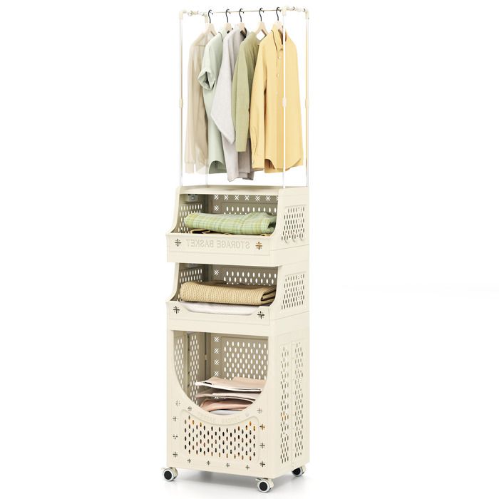 Panier à Linge COSTWAY 21L+21L+40L+Barre de Suspension 8 Crochets - Bac Linge Sale Plastique a roulettes Verrouillables