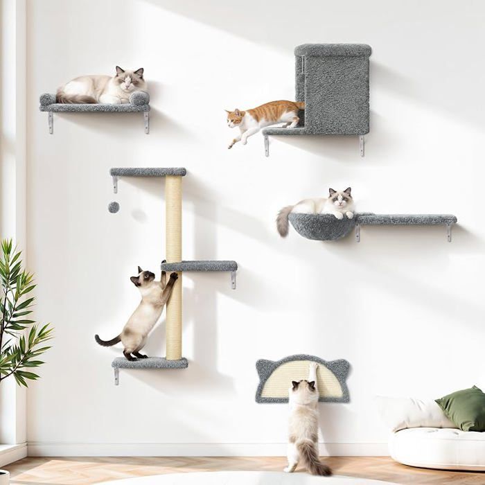 Étagères Murales pour Chat 5 en 1 Arbre à Chat Mural avec Hamac Niches Griffoirs Sisal Plateformes Parcours Mural Gris Clair