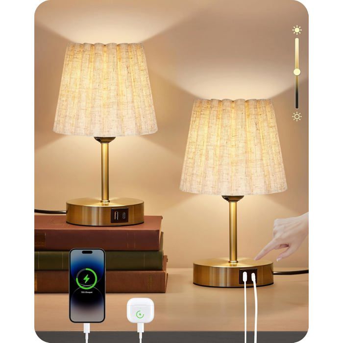 Lot de 2 lampes de chevet tactiles dimmables - ampoule LED E27 incluse port USB fonction mémoire abat-jour textile base 12 cm