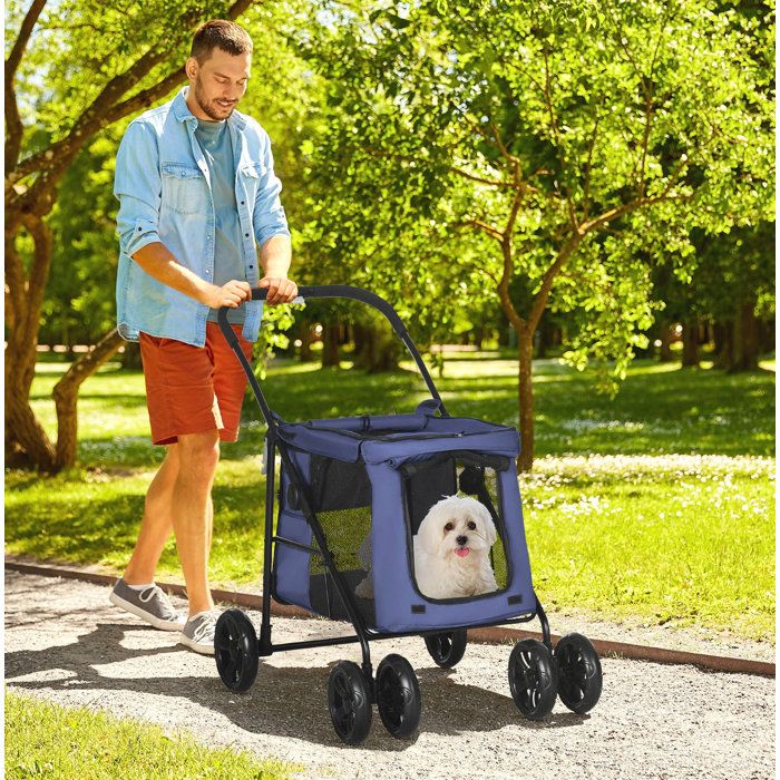 Poussette pour animaux pliable – Chien – 4 roues filet respirant Oxford 600D – Bleu