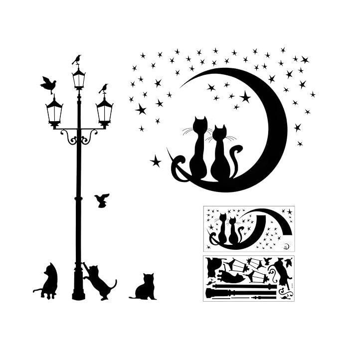 2 pcs autocollants muraux noirs chats ensemble autoadhésif pour la décoration murale lampadaire étoile OBJET DE DECORATION MURALE