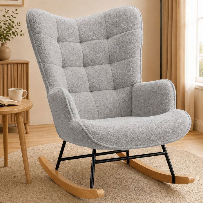 Fauteuil à bascule UTTQEW Rocking Chair avec Accoudoirs Tissu Teddy Fleece Scandinave Pour Salon Chambre Gris Clair